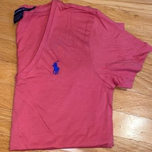 Ralph Lauren fitted V Neck Tshirt XS Pink with Embroidered blue logo